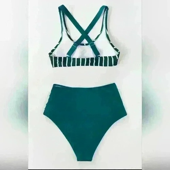 Cupshe Teal Striped Bikini Set High Waisted Two Piece Swimsuit Small - Picture 6 of 6